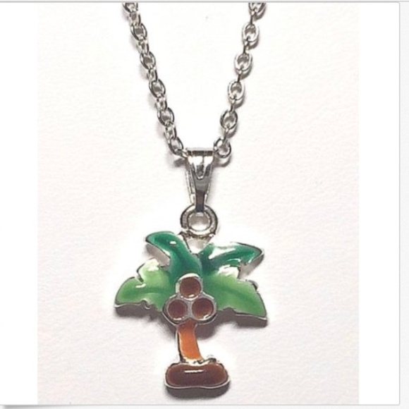 Palm Tree Necklace 19" Silver Plated Green Enamel Beach Island Coconut Tropical - Picture 1 of 9